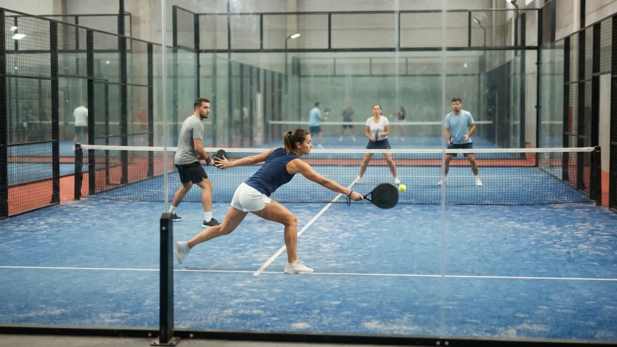 A player meeting the ball out in front on a padel court
