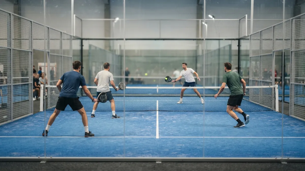 Padel court back glass wall behind a rally