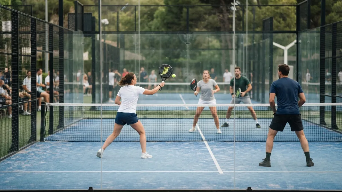 Doubles pair volleying at the net on a padel court
